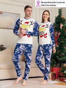 Conjunto de pijama de dos piezas con mangas largas y estampado, casual y lindo, perfecto para Navidad.(Hay zapatos de algodón navideños disponibles) - Blanco - Ver 1