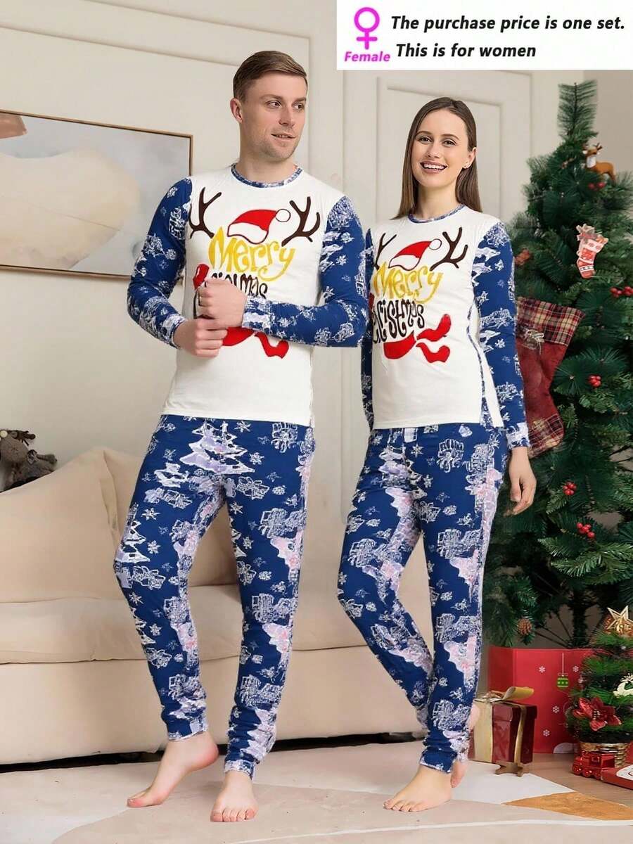 Conjunto de pijama de dos piezas con mangas largas y estampado, casual y lindo, perfecto para Navidad.(Hay zapatos de algodón navideños disponibles) - Blanco - Ver 1