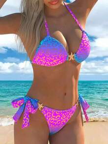 女士时尚两件式比基尼套装，星形装饰和豹纹印花高弹力沙滩装夏季度假 - 彩色 - 查看 5