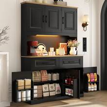 Large Farmhouse Kitchen Pantry Cabinet With Power Outlet & LED Light | 71" Tall, 47" Wide | 8 Doors, 2 Drawers & Open Countertop For Kitchen/Dining Room Storage - Xem 1