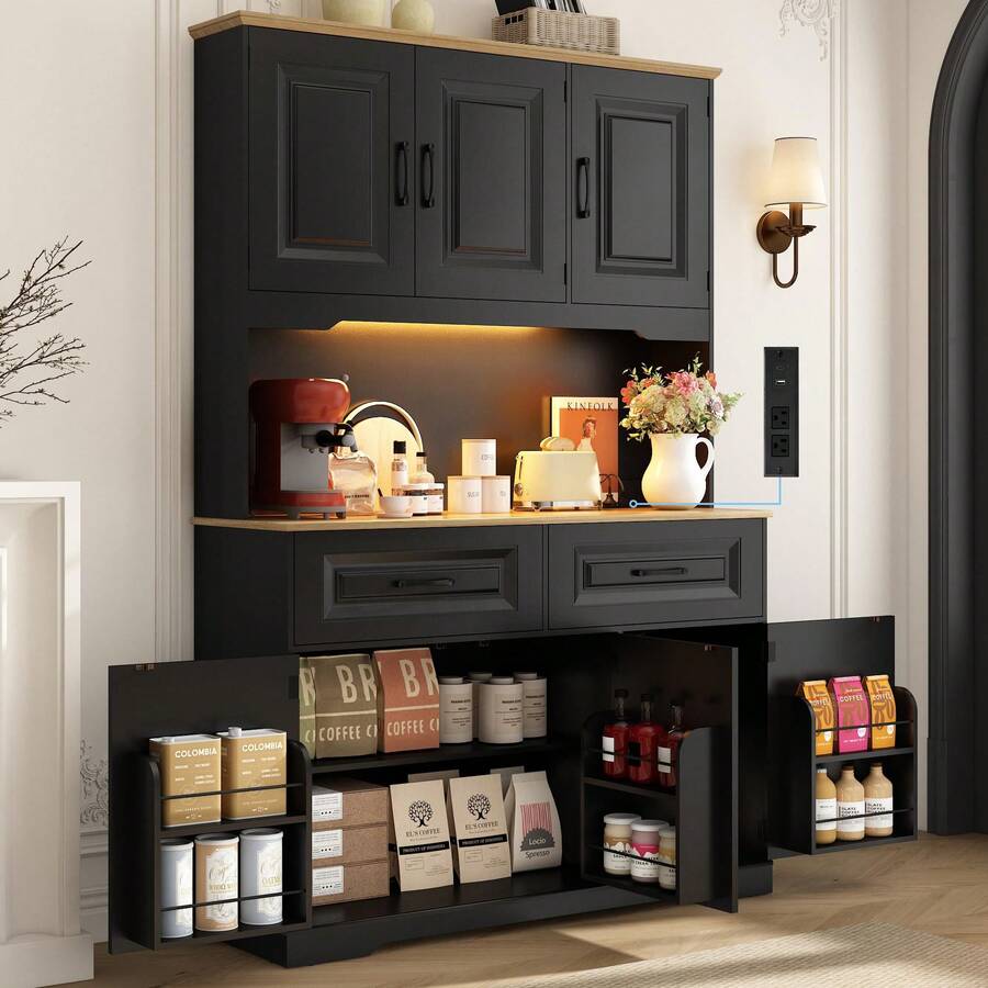 Large Farmhouse Kitchen Pantry Cabinet With Power Outlet & LED Light | 71" Tall, 47" Wide | 8 Doors, 2 Drawers & Open Countertop For Kitchen/Dining Room Storage - Xem 1