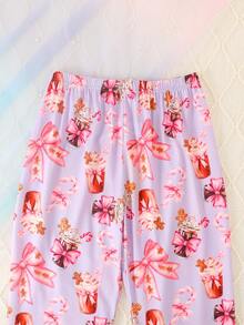 2pcs/Set Girls & Teens Casual Bow & Ice Cream Print Lapel Long Sleeve Cardigan And Pants Pajama Set, Flame Retardant, Suitable For Christmas And All Seasons - Purple - View 9