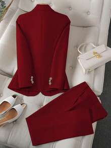 Solid Color Single Button Long Sleeve Single-Breasted Waistcoat Suit Pants Two-Piece Set - táo tàu đỏ - Xem 2