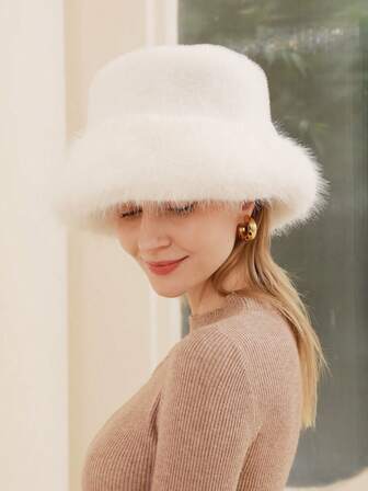 LEAJOURNO. 1pc Winter Oversized Vintage Faux Fur Bucket Hat, Warm & Versatile For Women