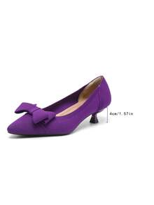 女士尖头针织纯色一脚蹬平底鞋，可爱蝴蝶结装饰休闲大码法式小猫高跟鞋 4 厘米，青春洋溢，搭配连衣裙 - 紫色 - 查看 10