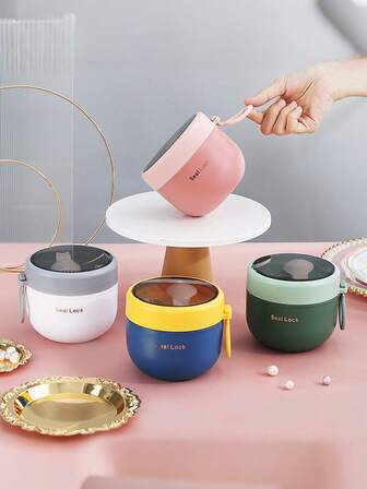 1pc 600ml Stainless Steel & PP Insulated Bento Lunch Box Set With Soup Cup & Utensils, Wide Mouth Design For Easy Filling, Pouring And Eating, Ideal Food Storage Container For Work, Daycare, School And Travel To Keep Sandwiches, Fruits, Snacks And Salads Fresh