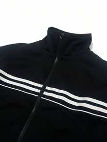 Men's Spring/Autumn Stand Collar Zipper Fashion Casual Piping Two-Stripe Loose Jacket Coat - Black - View 7