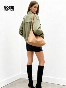 Veste style de rue verte pour femmes Rosie Pophub | Coupe-vent court en fibre de polyester avec col cranté, cordon de serrage à la taille et poches, décontracté pour le printemps/été, nouvelle arrivée - Militaire verte - Voir 7