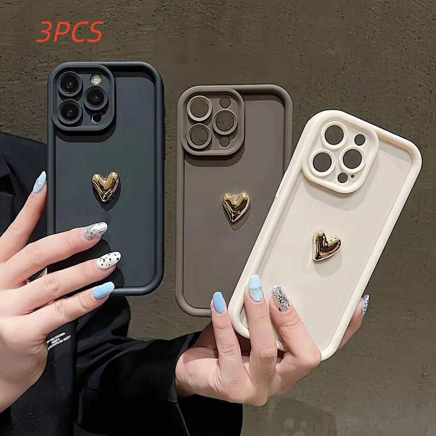 3件套渐变相框软壳手机壳,防震保护套,可爱卡通设计,兼容Apple 12/13 Pro Max、荣耀X7、三星Galaxy A56 5G、Infinix Smart 8、Infinix Hot 4、OPPO Spark 20/Spark 20C/Spark Go 2024、红米Note 14、Moto E22/E22i、OPPO A54 Reno 11F,国际版,非国内版 - 黑+白+咖 金愛心 - 查看 1