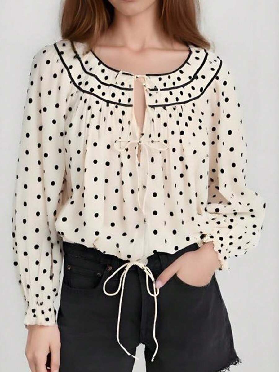 Tie-Up Front Crew Neck Blouse For Women Polka Dot Loose Fit Long Sleeve Shirt Relaxed Boho Tops Pleated Shirts Daily Work Vacation - White - View 1