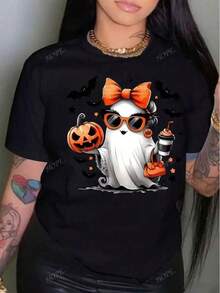 Plus Size Women's Halloween T-Shirt With A Bow Print, Short Sleeves, And A Round Neck. Relaxed Fabric, Fitted Cut, And Slightly Stretchy. A Fashionable And Versatile Loose-Fitting T-Shirt For The Season, Perfect For Halloween, Plus Size Women's Halloween Costumes, And More. This Casual Women's T-Shirt Features A Themed Print, A Loose Fit, A Round Neck, And Short Sleeves, Making It Ideal For Fall And Festive Occasions. - 黑色 - 查看 8