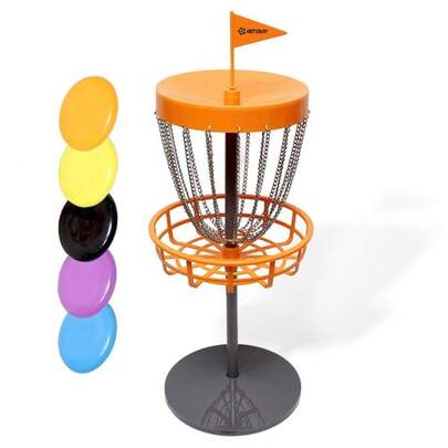Get Out!Portable Disc Golf Basket With 5 Flying Discs - 30in Mini Disc Golf Net