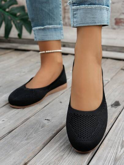 女士平底休闲针织鞋，舒适透气运动鞋，纯色套脚乐福鞋，工作鞋，妈妈鞋