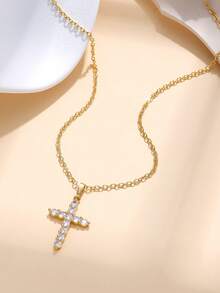 1pc Copper Zirconia Cross Pendant Necklace, Fashion Versatile Unique Design Pendant Necklace, Suitable For Women's Daily, Date, Vacation, Wedding, Festival Wear, Casual And Special Occasions, Birthday Gift, Mother's Day, Valentine's Day