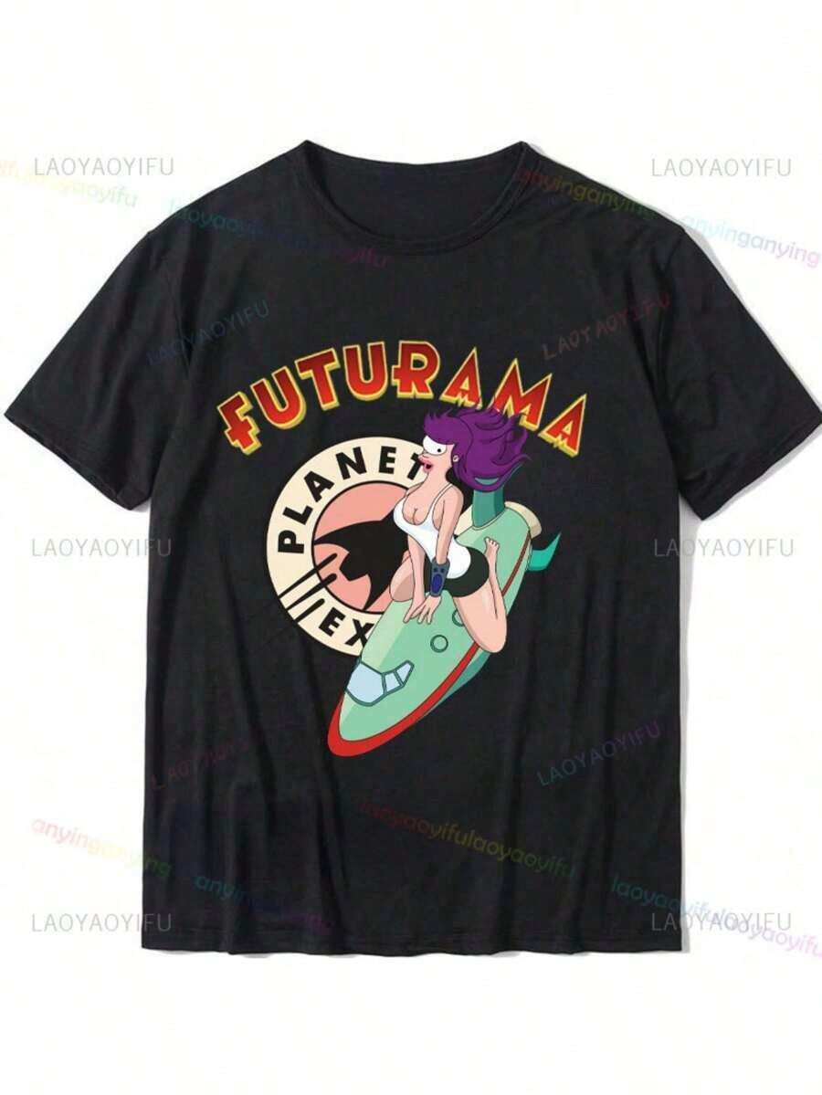 Y2k New Cartoon -Futuramas- Cotton Kawaii Graphic Pattern Clothes Short Sleeve Round Neck Tees Mens Womens-Shirt -Versatile Basic-Shirts - màu đen - Xem 1
