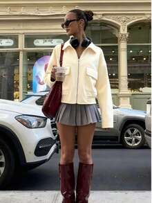 女士休闲宽松拉链翻领口袋短款外套，时尚秋冬款 - 乳黃色 - 查看 5