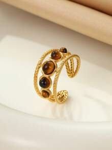 1pc Stainless Steel Golden Vintage Pressure-Opened Tiger Eye Stone Ring, Suitable For Women's Daily Wear Or Gift - Yellow Gold - View 3