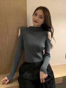 女款純色圓領修身針織露肩長袖修身套頭毛衣 百搭款 - 深灰色 - 查看 3
