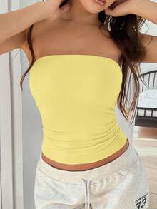 Camiseta básica sin tirantes elástica y ajustada de unicolor para mujer, apta para las cuatro estaciones, camiseta sin tirantes básica de primavera y verano, camiseta de moda - Amarillo - Ver 2