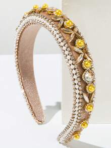 1件装女士韩版丝绒海绵发箍，复古魅力闪亮玻璃水钻仿珍珠装饰奢华百搭优雅头饰发箍发饰 - FG910-咖色 - 查看 1