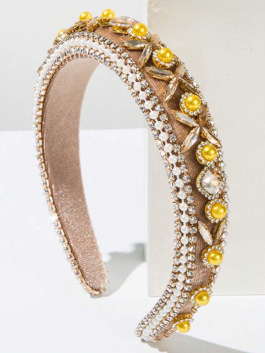 1件装女士韩版丝绒海绵发箍，复古魅力闪亮玻璃水钻仿珍珠装饰奢华百搭优雅头饰发箍发饰 - FG910-咖色 - 查看 1