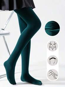 1 Pair Women's Wine Red Fleece Tights, Elastic Fitted Thin Fleecy Leggings For Autumn And Spring - 墨綠色 - 查看 10