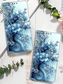 GLANDOTU PU皮革钱包式手机壳，压纹浅蓝色花卉图案，磁吸式闭合设计，带支架功能和卡槽，兼容三星Galaxy、苹果等设备。 - 彩色 - 查看 6