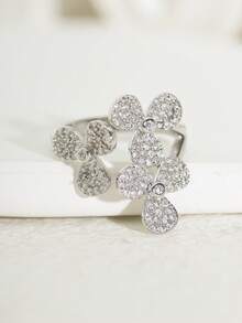 خاتم أنيق فاخر من الذهب/الفضة بتصميم البرسيم المرصع بالزركونيا، مناسب للنساء للاستخدام اليومي والأعمال والحفلات والزفاف والسفر وهدايا عيد الفطر وعيد الأضحى