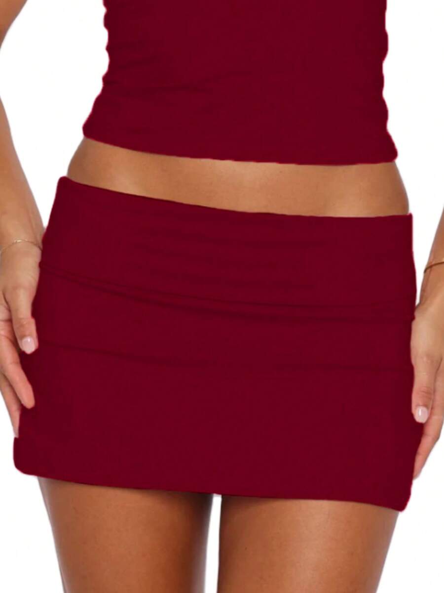 Fold Over Mini Skirts For Women Y2k Low Rise Bodycon Sweat Short Skirt Cute Going Out Micro Mini Skirt Beach Vacation Club Streetwear - 酒紅色 - 查看 1