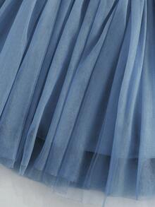 女婴灰蓝色蝴蝶结装饰网眼拼布无袖迷你连衣裙 - 霧霾藍 - 查看 6