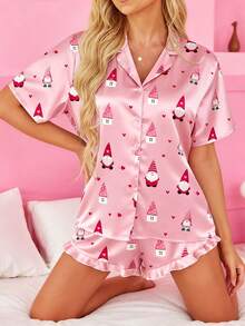 2Pcs Christmas Pajamas Sets For Women Lapel V Neck Short Sleeve Christmas Themed Print Tops And Drawstring Waist Shorts - Pink - View 3