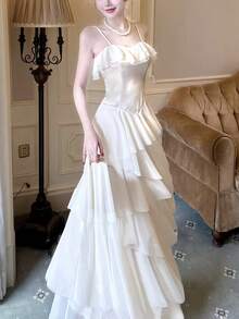 Elegant Romantic Wedding Guest Tulle Spaghetti Strap Party Evening Tie-Up Ruffle Hem Princess Dress - Apricot - View 7