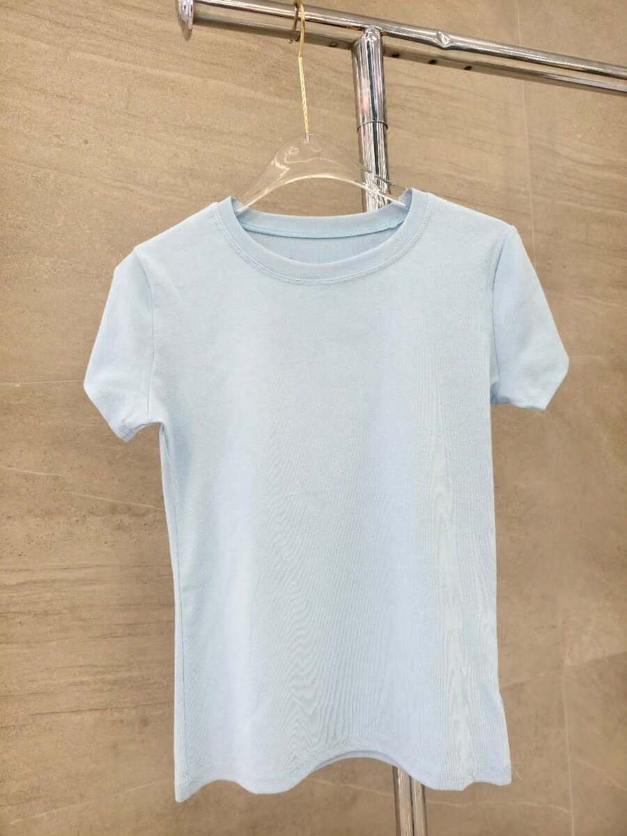T shirt Algodão importado femininas modas DXY.9527-5  Simples    Nenhum    Férias  Praia - AZUL BEBE - Visão 1