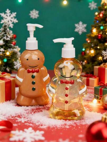 1 个/350 毫升大容量泵式分配瓶，棕色透明 PET 塑料，适用于洗发水、沐浴露、乳液、家庭、酒店、旅行，卡通元素，适用于洗手液、洗发水和沐浴露 - 螺旋盖，无香型 - 浴室装饰，圣诞主题液体储存，非常适合浴室皂液器，家居和浴室装饰，圣诞礼物