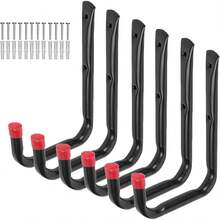 Fishlead 6 Piezas Ganchos de Garaje, Gancho Bicicleta Pared, Ganchos de Almacenamiento de Utilidad, Ganchos en J Negros con Tornillos, para Organizar Herramientas de Jardín, Escaleras, Mangueras