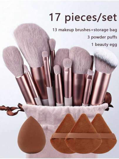 17件套化妆刷套装，包含13支化妆刷、3个化妆海绵和1个美妆蛋，附赠收纳袋。无散落眼影刷。刷毛柔软，触感超柔软。价格实惠。适合化妆新手。包含眼影刷、轮廓刷、腮红刷。圣诞节和情人节礼物。化妆刷套装