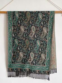 1件装 女士秋冬仿羊绒复古佩斯利提花波西米亚风保暖流苏围巾披肩 - 黑綠色 - 查看 3