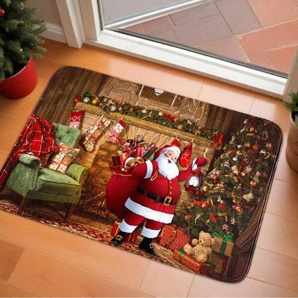 Santa Claus Printed Doormat - Polyester Absorbent Non-Slip Anti-Fouling Mat, Machine Washable, Knitted, Lightweight, Suitable For Home Bedroom/Living Room/Kitchen, Holiday Decor, Christmas Decoration Kitchen Rug