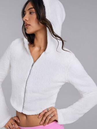 TypaGal Winter Fall White Modern Chic New Year Party Retro Elegant Sexy Street Minimalist Women's New Autumn And Winter Solid Color Long-Sleeved Short Casual Hooded Plush Jacket