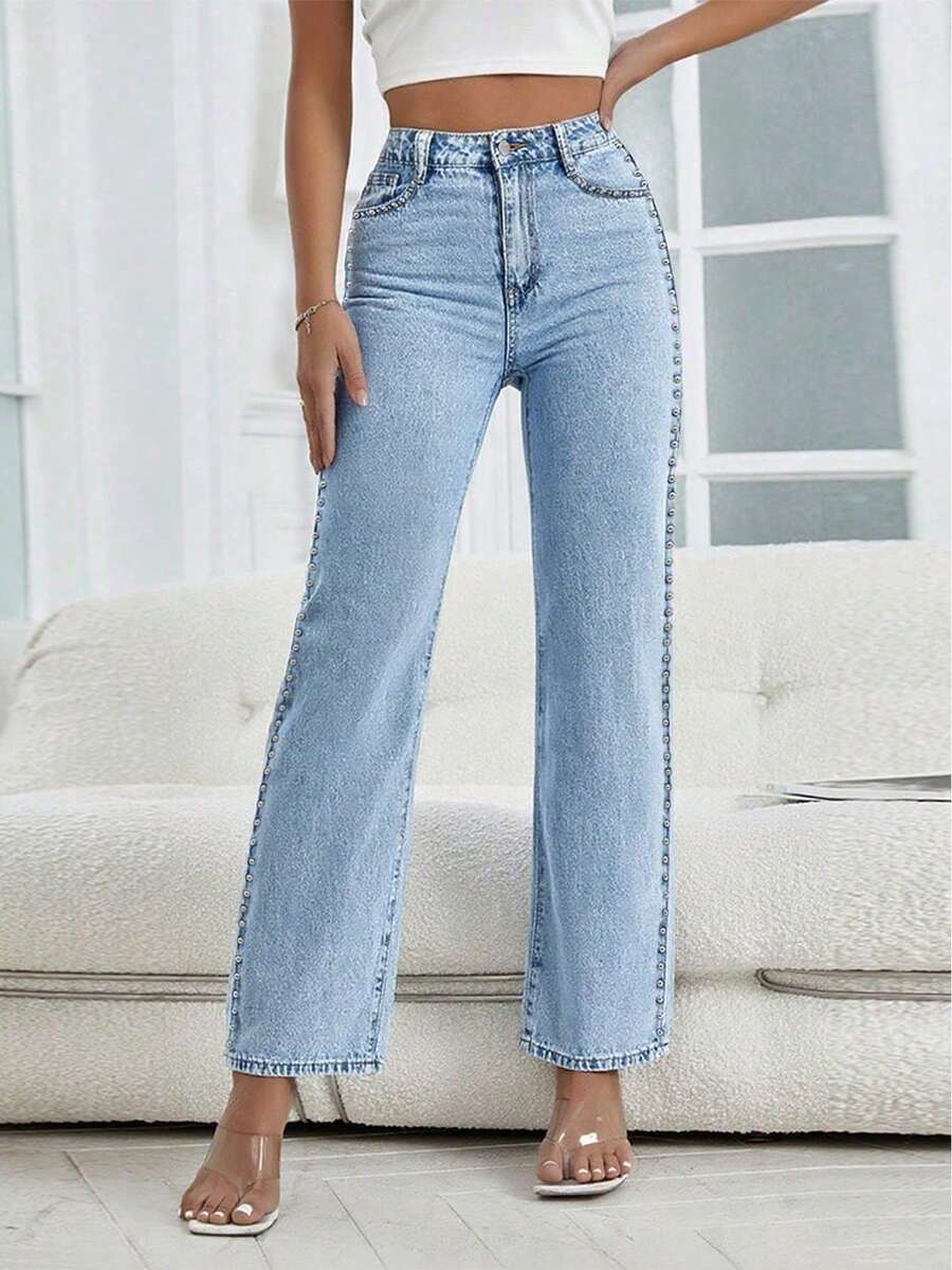 Women's Pearl Jeans, Distressed Denim Pants, High Waisted Straight Leg Pants - 淺色水洗藍 - 查看 1