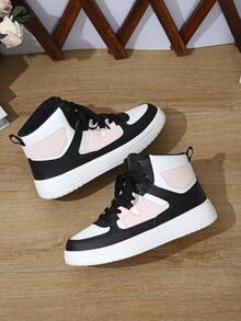 BAOLIANGXIONG Color Block Casual Student Sneakers, Sport Shoes Women's Casual Sports Shoes, Fashionable Sneakers With Thick Soles, Low-Cut Lace-Up White Black Pink Shoes, Outdoor Shoes - 白黑粉紅色高幫 - 查看 4