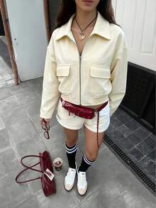 女士休闲宽松拉链翻领口袋短款外套，时尚秋冬款 - 乳黃色 - 查看 3