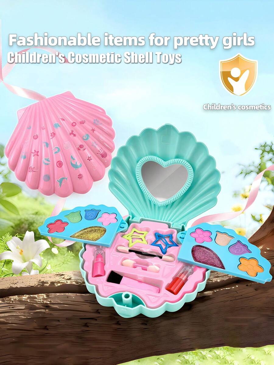1/2Pcs ABS Shell Shape Kids Makeup Bag Toy, Pink Blue Princess Cosmetic Case With Mirror, Washable Cosmetics, Birthday Christmas Gift For Little Girls