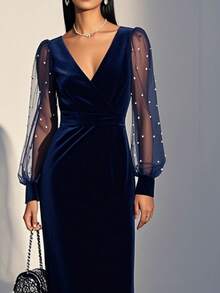 优雅丝绒连衣裙，网纱拼接，V领，正式晚礼服，藏蓝色网纱，仿珍珠，V领，长灯笼袖，修身中长裙