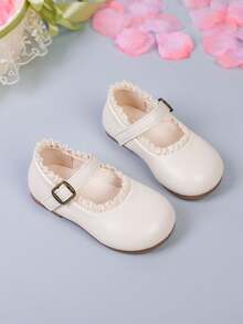 1双女童休闲蕾丝装饰平底鞋，舒适时尚的日常穿脱鞋 - 米色 - 查看 2