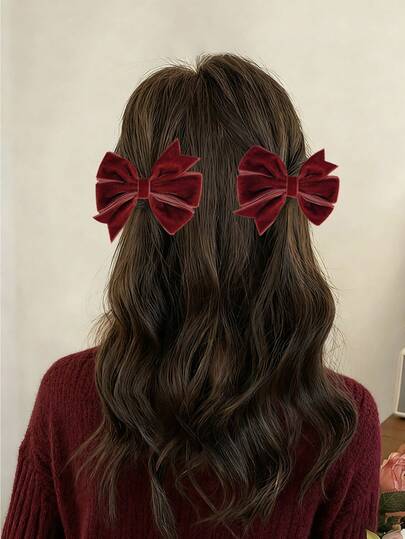 2pcs Velvet Hair Bows For Girls Solid Color Bow Alligator Clips Brown Bow Hair Clips Solid Color Fall Winter Barrettes New Year Gift For Women Elegant Hairpins Holiday Party Headpiece Hair Accessories