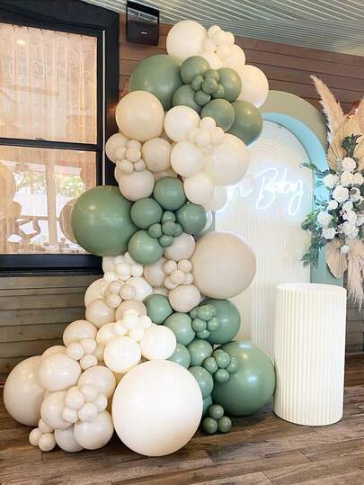145pcs Vintage Green & Beige Balloon Arch & Wreath Set, Suitable For Baby Shower, Boy's Birthday Party, Wedding, Christening Decoration