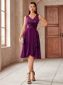 MIUSOL Sequin V-Neck Sleeveless Ruffle Hem Shiny Chiffon Ball Gown - Maroon - View 10