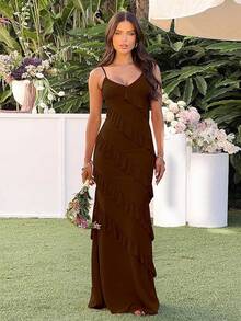 Women's Backless Bodycon Spaghetti Strap Elegant Ruffle Maxi Cocktail Party Dresses, 2025 QMO3 - Coffee - View 9