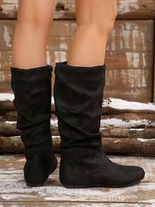 2026 Autumn & Winter Women Flat Round Toe Mid-Calf Boots, Anti-Slip, New Design Slim Slouch Boots With Side Zipper,Boots For Women,Fashionable Women's Long Boots, Knee-High Boots, A Must-Have For Winter,Boots For Women - 黑色 - 查看 7